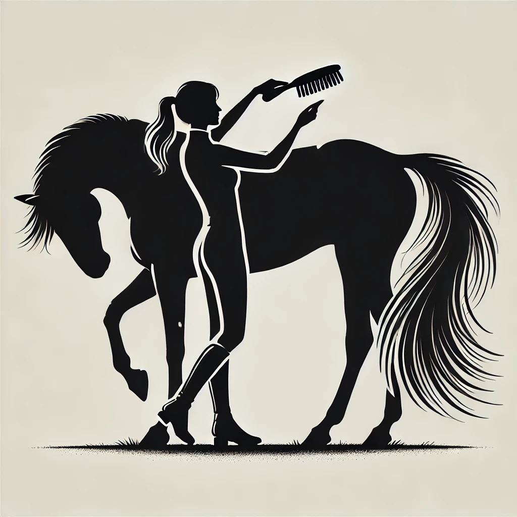 DALL·E 2025-02-08 11.49.06 - A minimalist silhouette image of a woman with long, flowing hair grooming a horse with a flowing mane and tail. The woman is wearing English riding at Please create a in siloutte image of a woman with long flowy hair grooming a horse and they horse horse has a flowy mane and tail