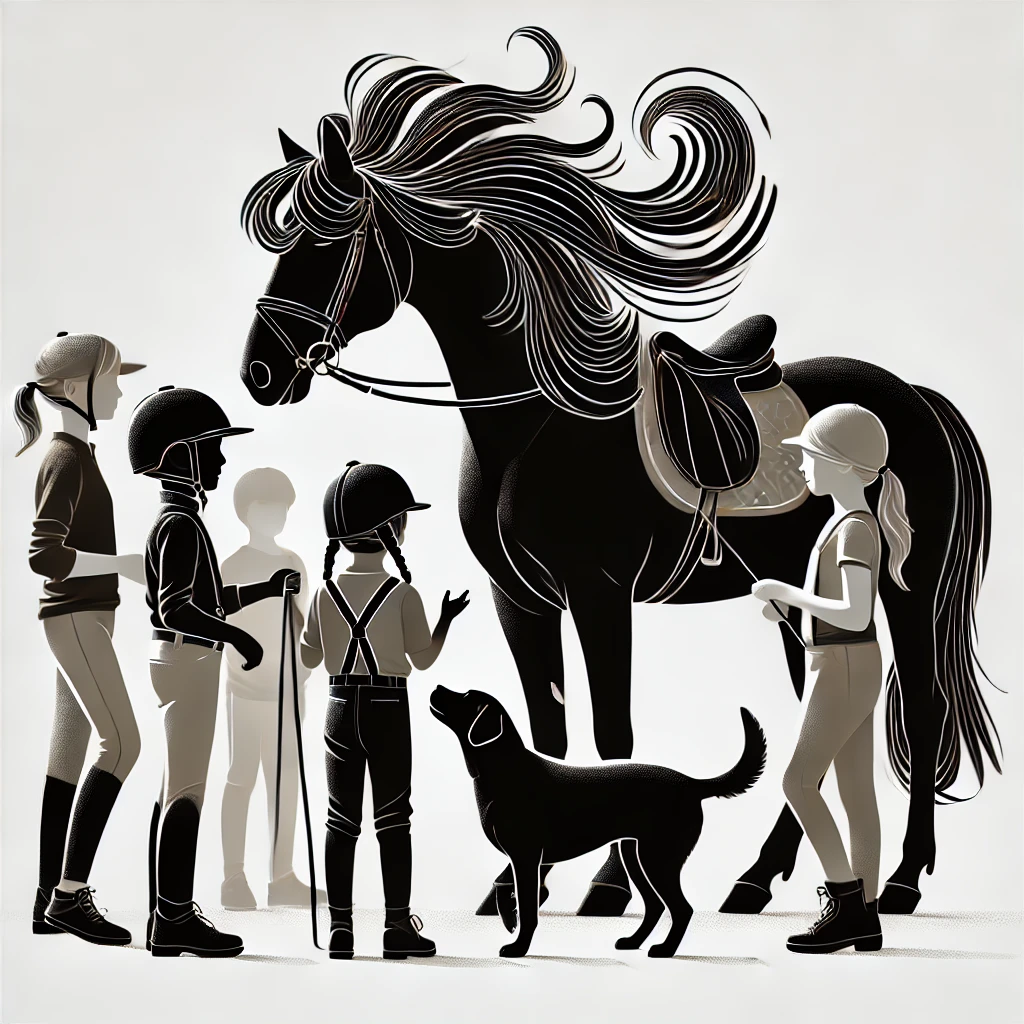 DALL·E 2025-02-08 22.27.42 - A minimalist silhouette image of a horseback summer camp scene with a small group of kids engaging safely with one or two horses. The children, all ov DALL·E 2025-02-08 22.27.42 – A minimalist silhouette image of a horseback summer camp scene with a small group of kids engaging safely with one or two horses. The children, all ov